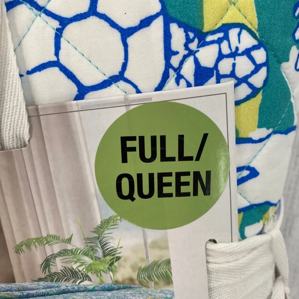 Sun and Sea Quilt Set Full Queen Teal Blue Coastal Marine Life Beach Tropical